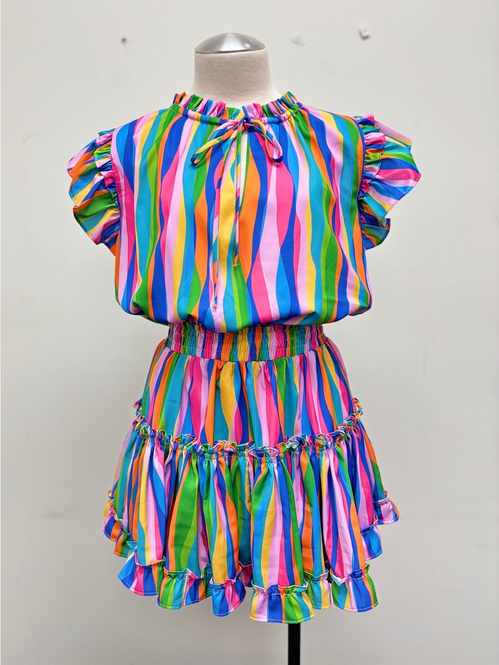 Rainbow Stripe Ruffle Mini Dress